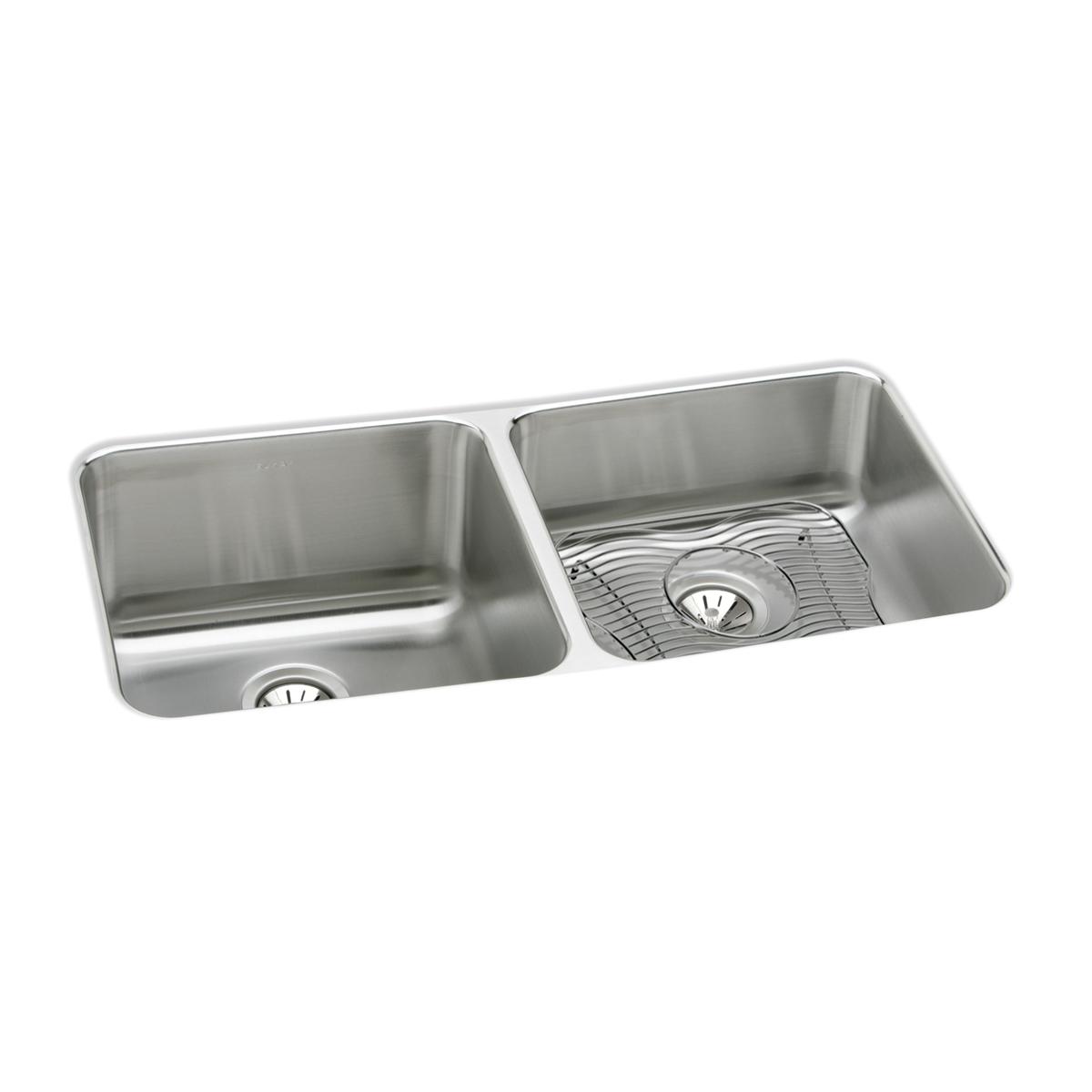 Stainless steel double bowl undermount sink with equal-sized bowls, drains, and grid insert on right bowl.