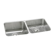 Stainless steel double bowl undermount sink with equal-sized bowls, drains, and grid insert on right bowl.