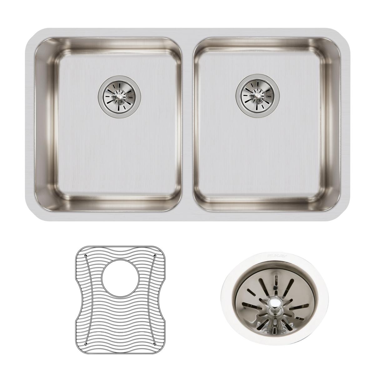 Stainless steel double bowl undermount sink with two drain strainers, includes wire grid insert and right drain basket.
