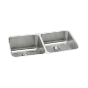 Stainless steel double bowl undermount sink with two equal-sized rectangular basins and drain holes.