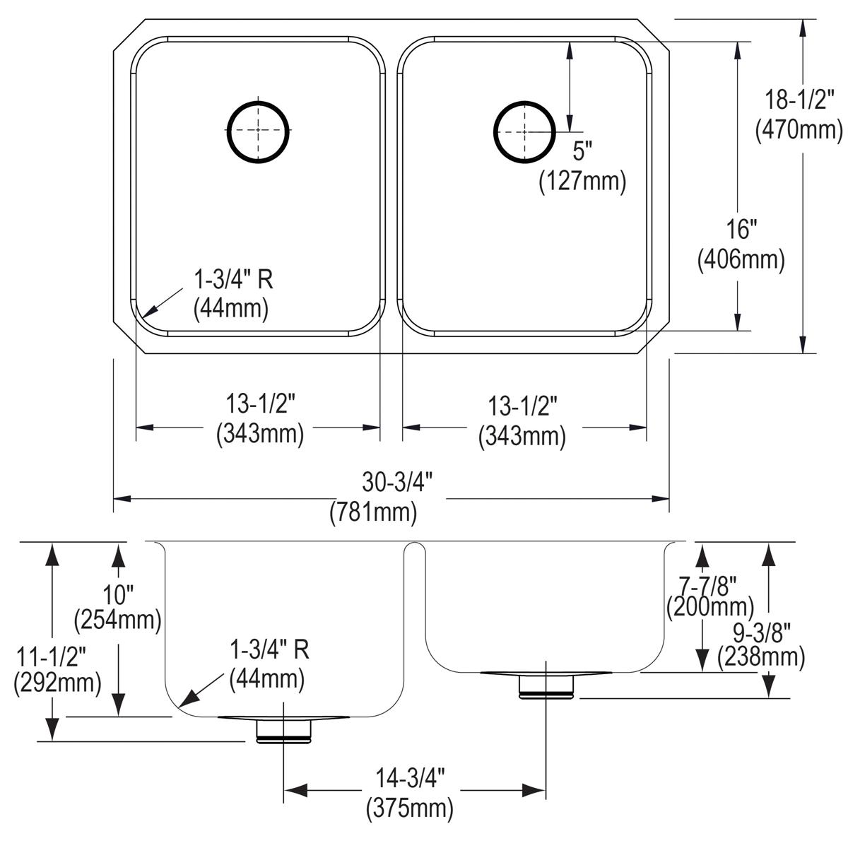 Stainless steel double bowl undermount sink with equal-sized basins and drain holes, top and side view dimensions shown.