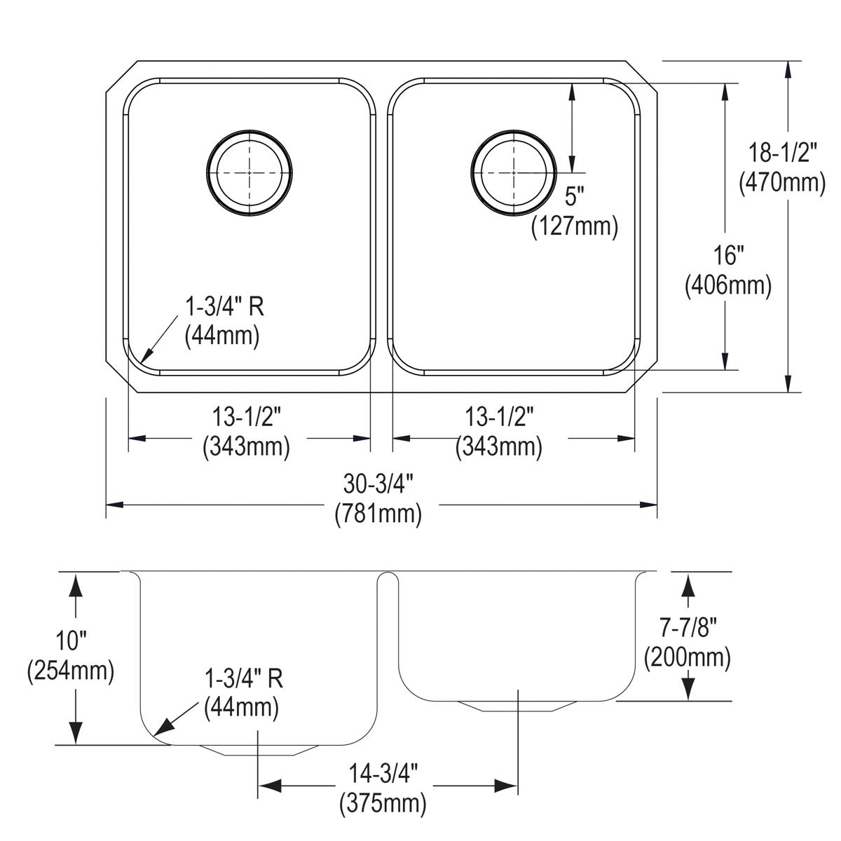 Stainless steel double bowl undermount sink with equal-sized rectangular bowls and right drain placement, shown in top and si
