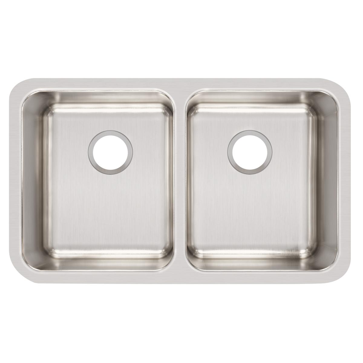 Stainless steel double bowl undermount sink with two equal rectangular basins and drain holes.