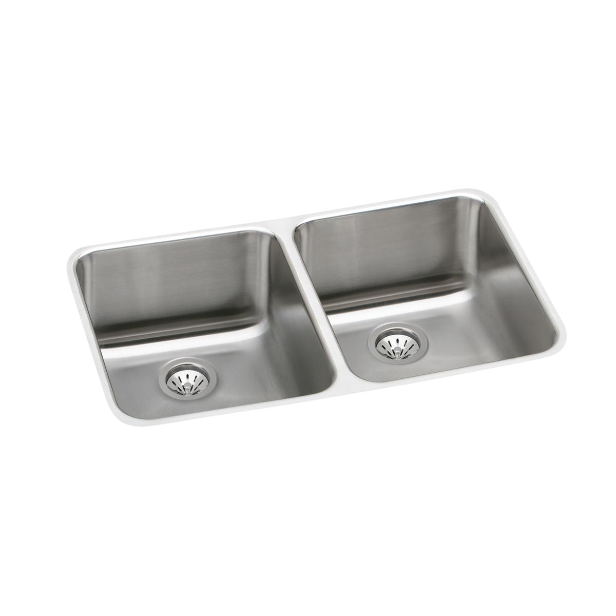 Stainless steel undermount sink with two equal rectangular bowls and drain baskets.