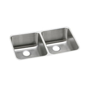 Stainless steel double bowl undermount sink with equal-sized basins and drain holes on white background.