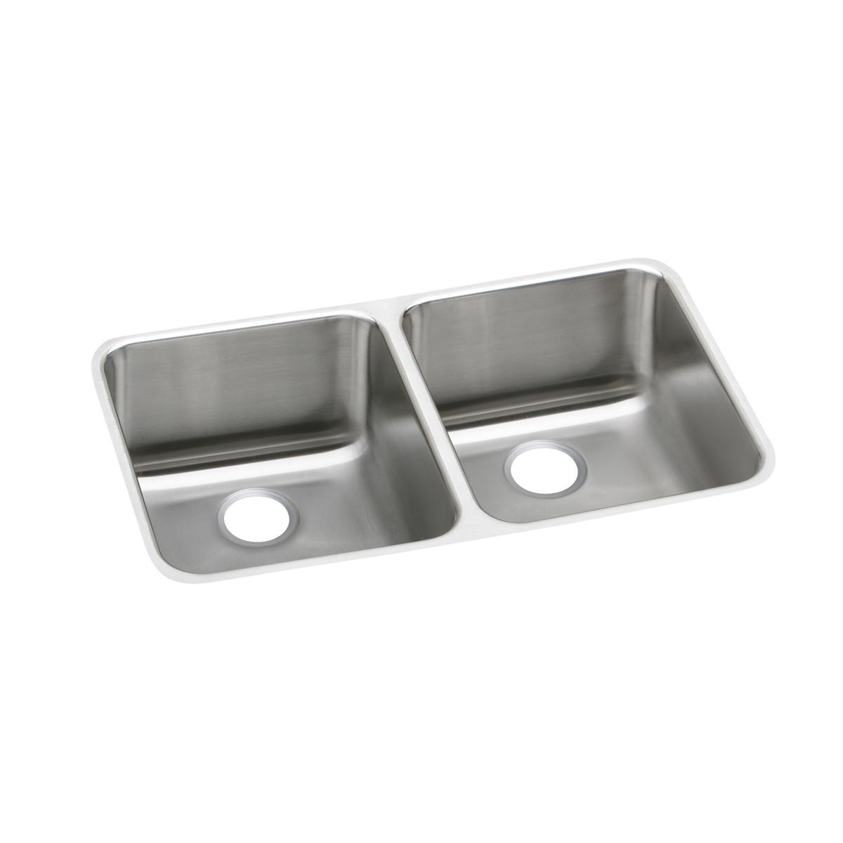 Stainless steel double bowl undermount sink with two equal-sized basins and drain holes visible.