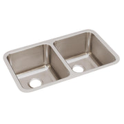 Stainless steel double bowl undermount sink with two equal-sized rectangular basins and drain holes.