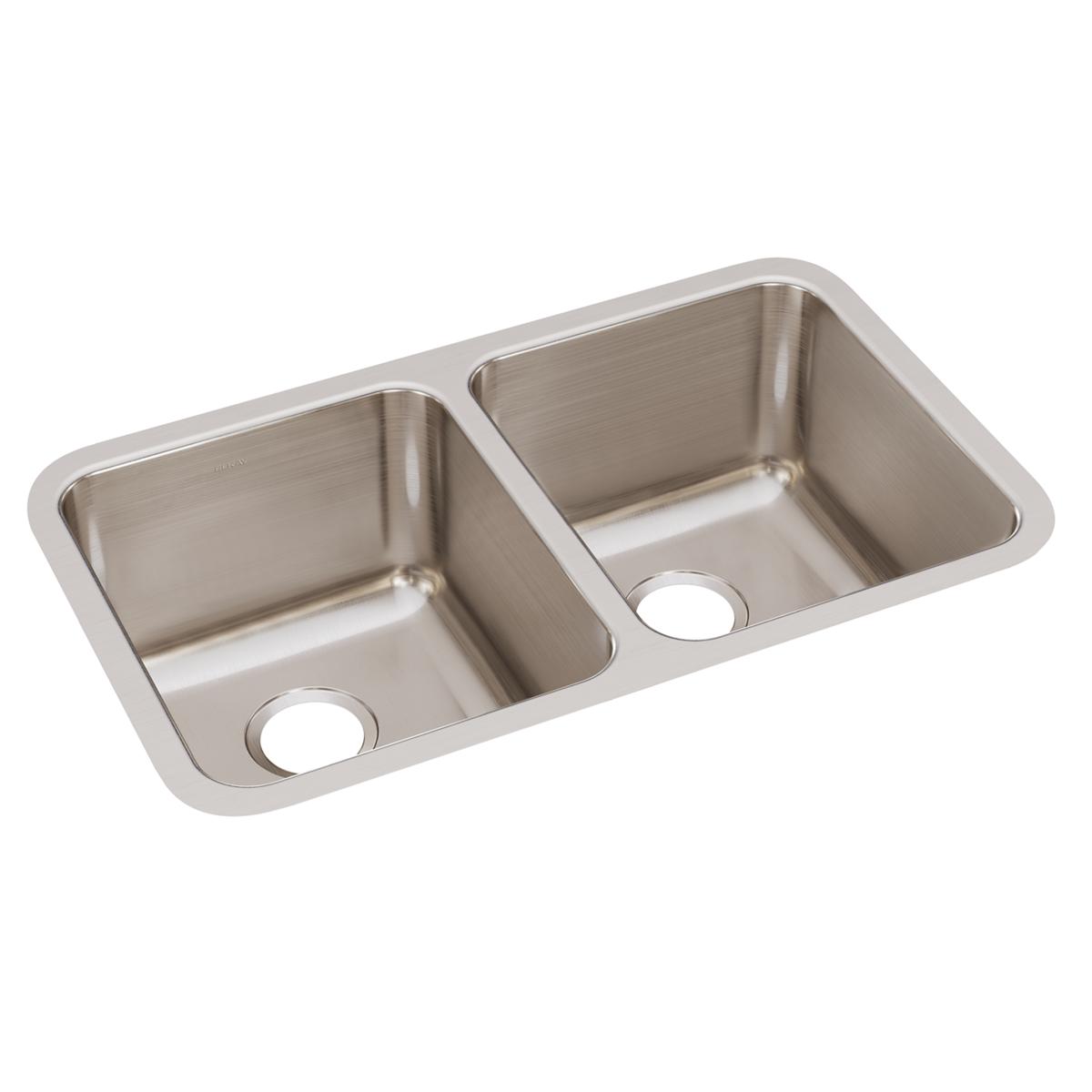Stainless steel double bowl undermount sink with two equal-sized rectangular basins and drain holes.