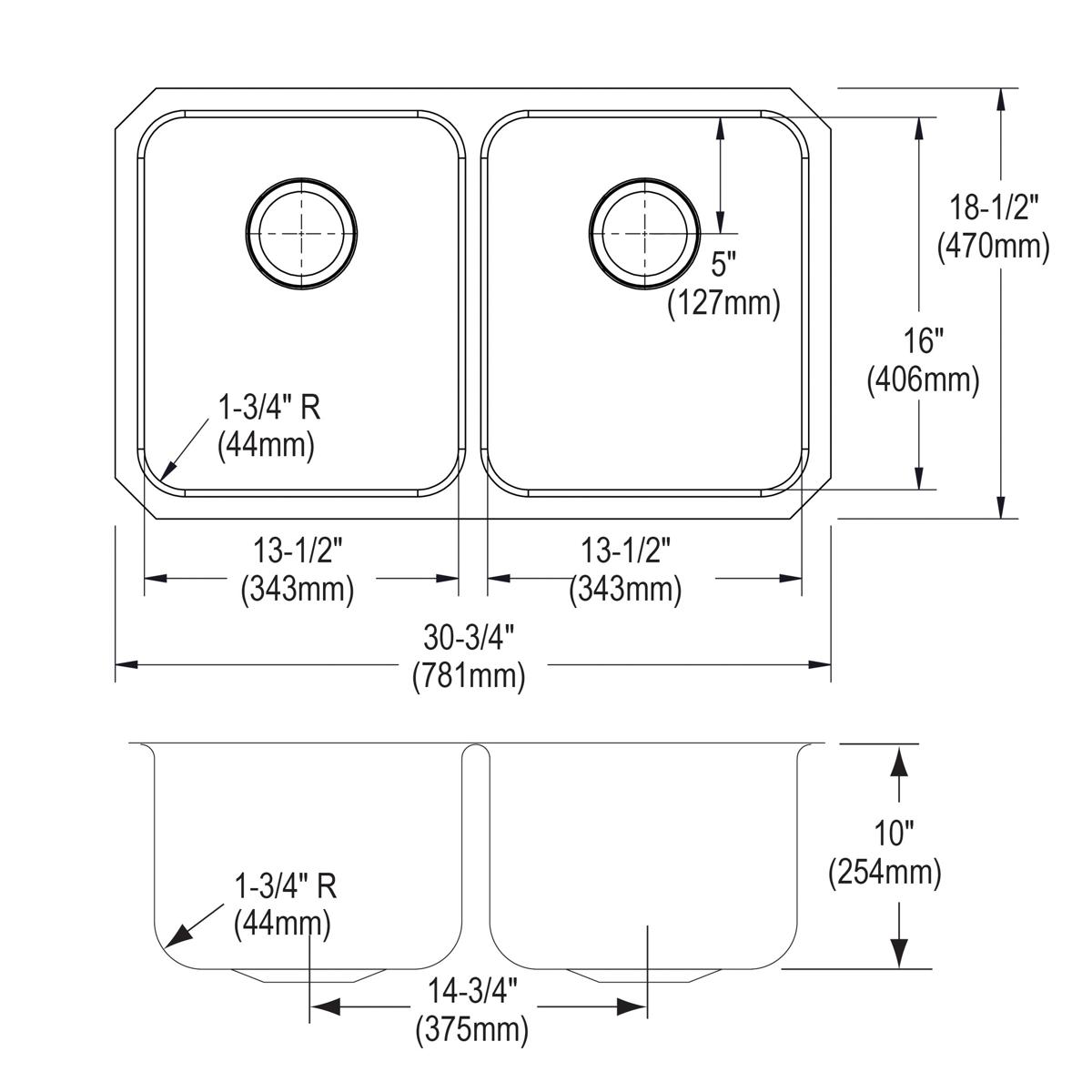 Stainless steel double bowl undermount sink with equal-sized rectangular basins and rounded corners, shown in top and side vi