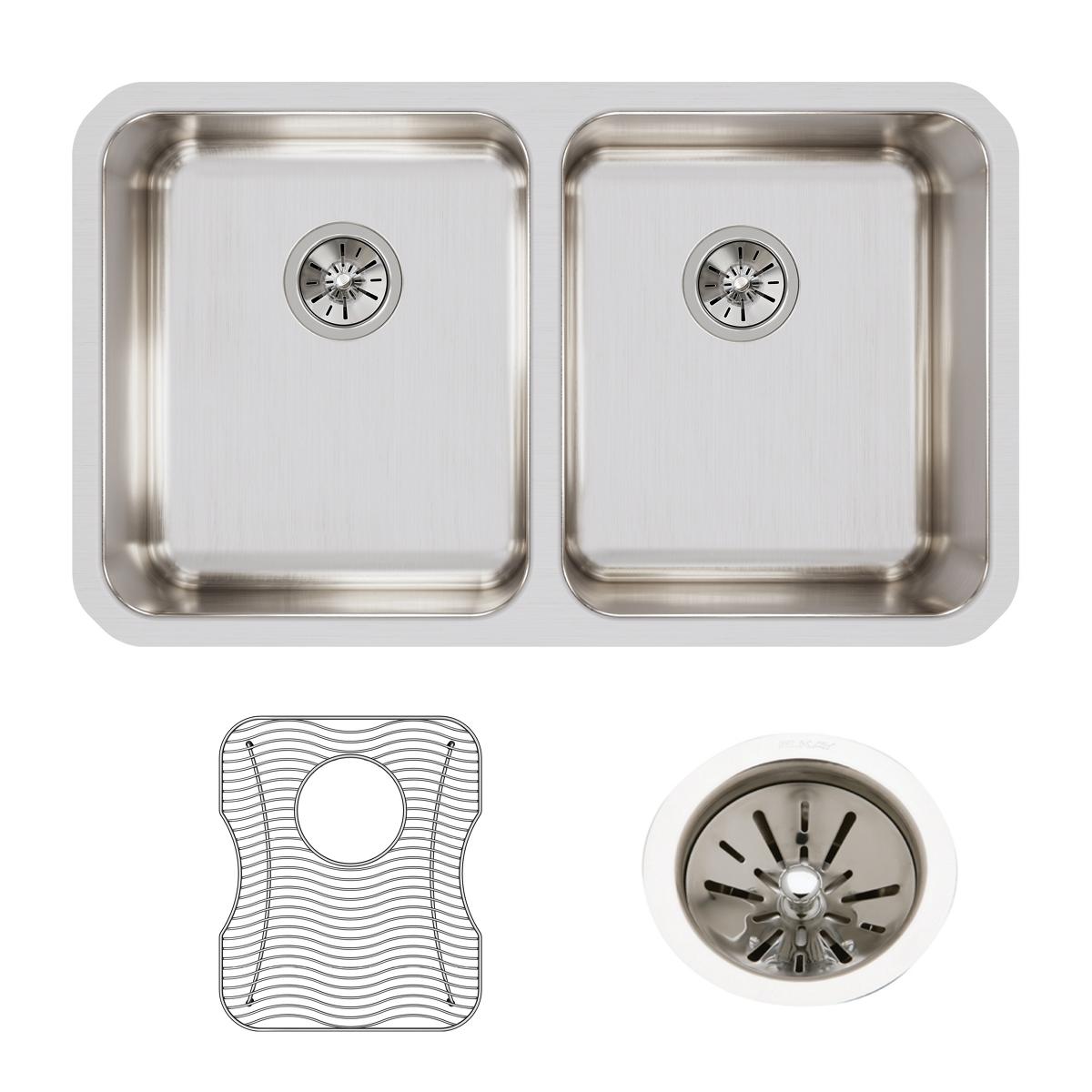 Stainless steel double bowl undermount sink kit with two equal-sized basins, drain strainers, and protective grid mat include