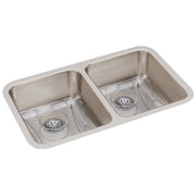 Stainless steel double bowl undermount sink with two equal basins, drain strainers, and wire grid inserts.