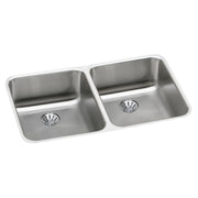 Stainless steel double bowl undermount sink with shell-shaped drains and rounded corners.