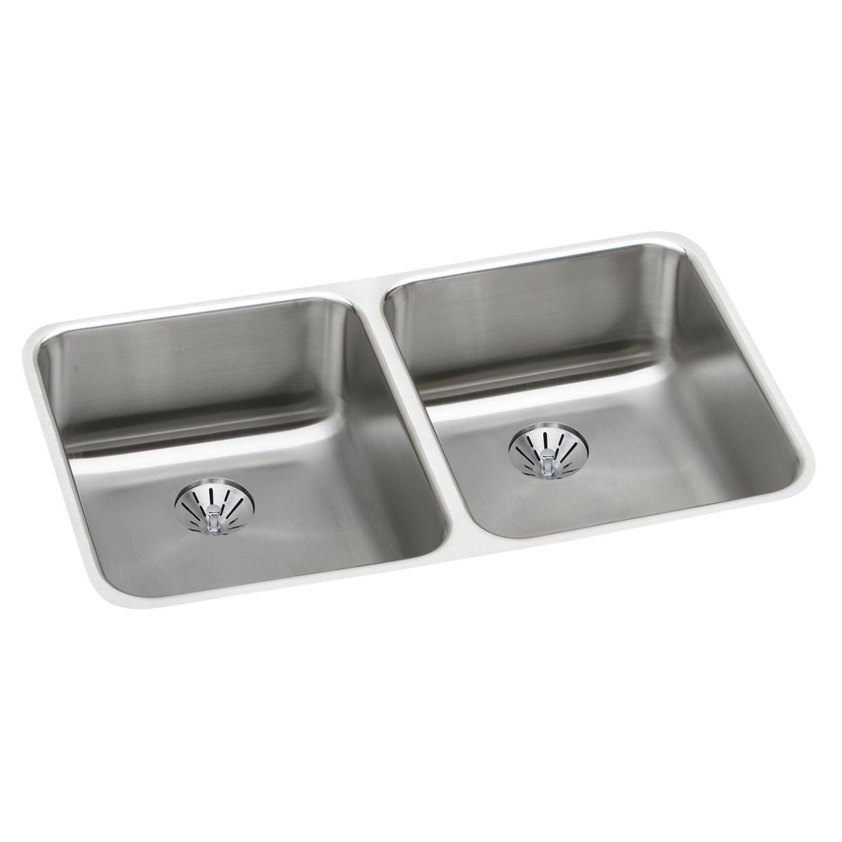 Stainless steel double bowl undermount sink with rounded corners and drain holes in each basin.