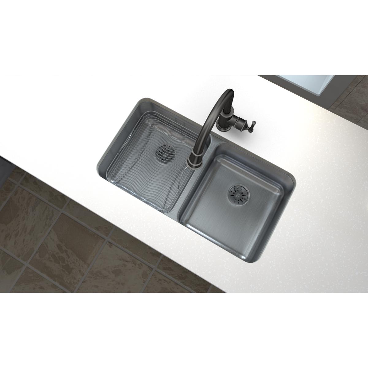 Stainless steel double bowl undermount sink with faucet, viewed from above installed in countertop.