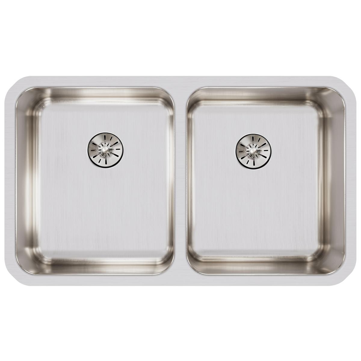 Stainless steel double bowl undermount sink with brushed finish and drain strainers in each basin.