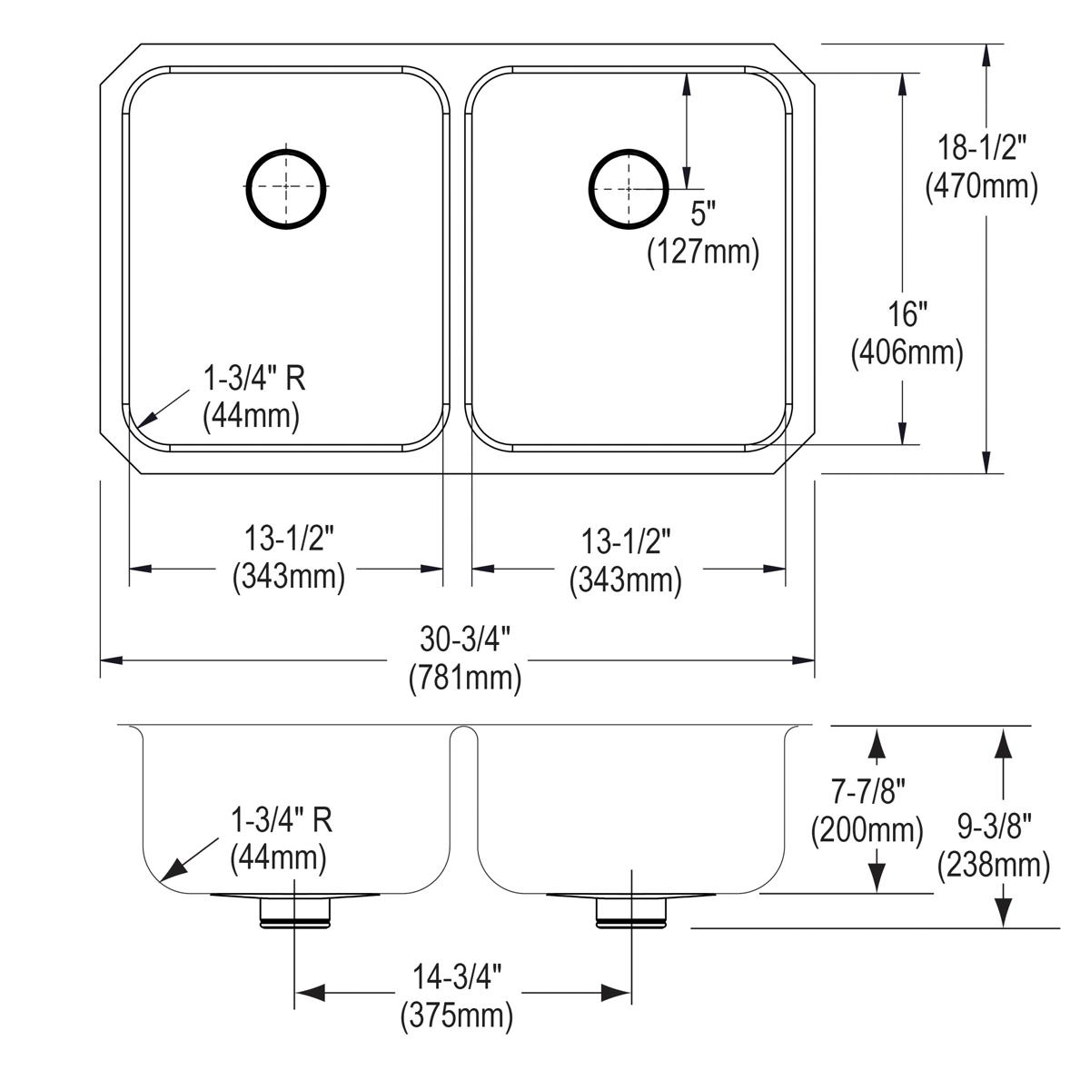 Stainless steel double bowl undermount sink with rounded corners and centered drains, shown in top and side technical drawing