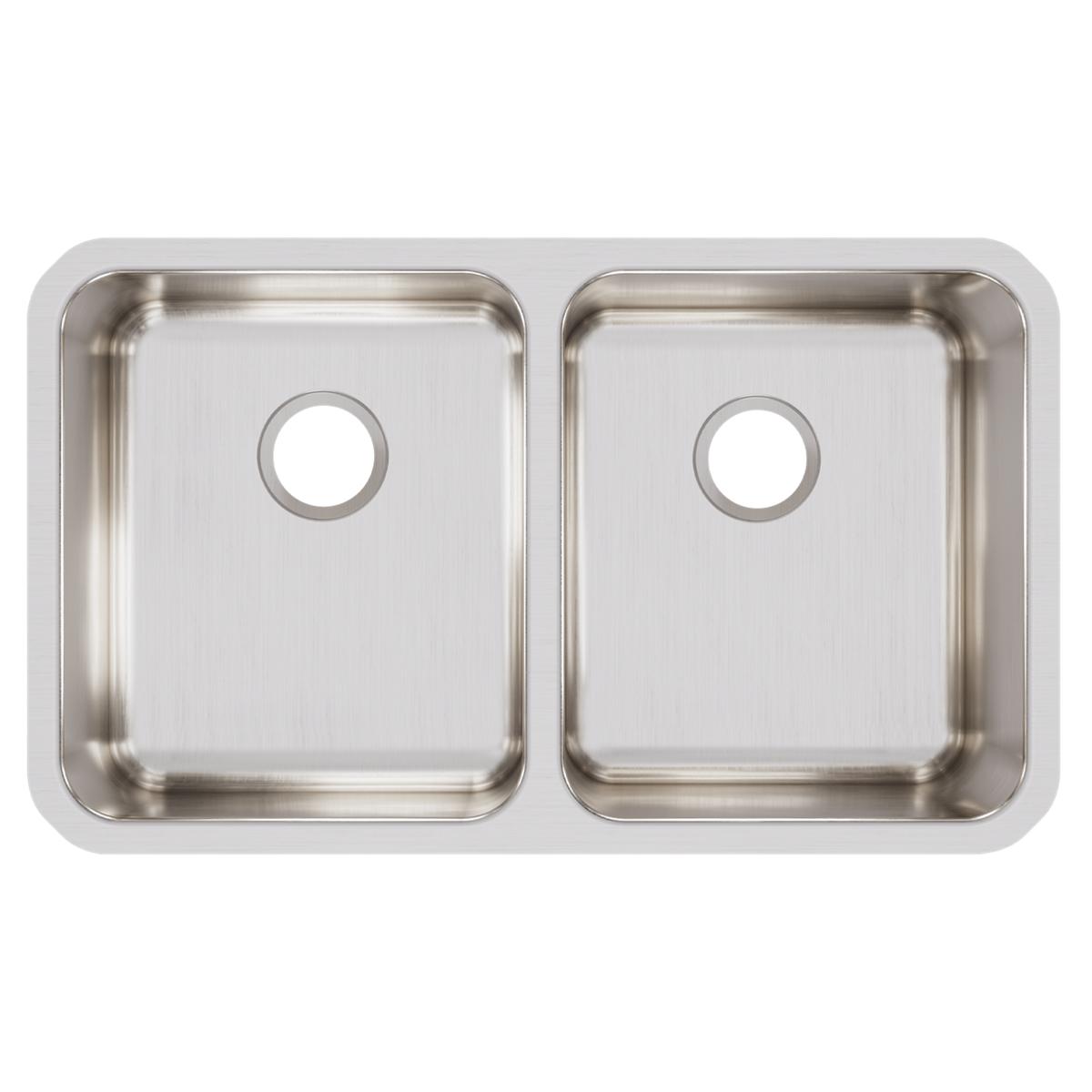 Stainless steel double bowl undermount sink with brushed finish and drain holes, viewed from above.