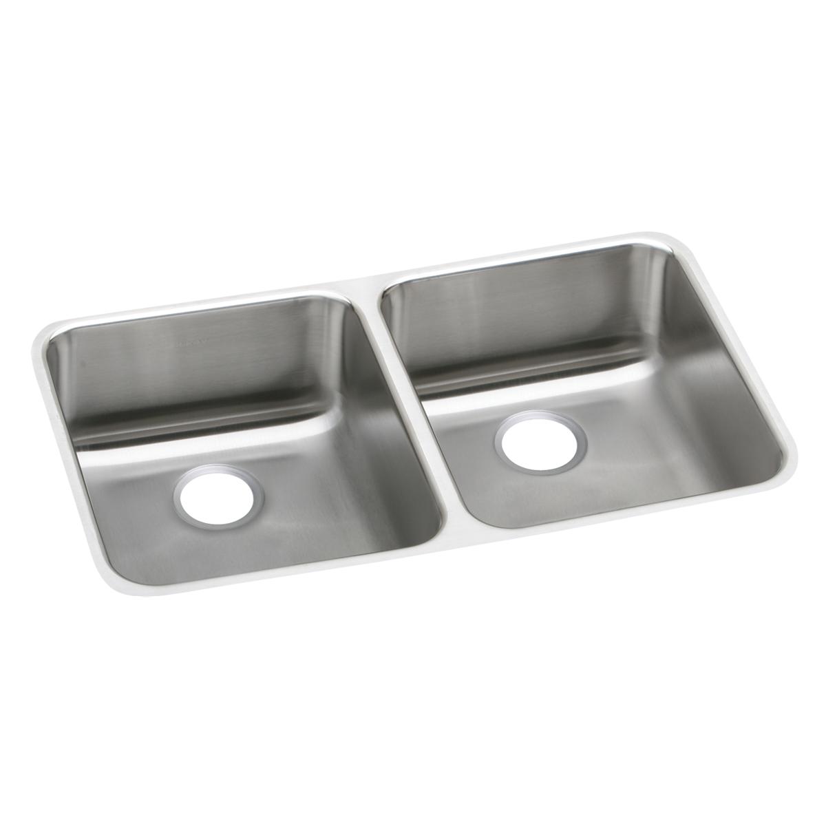 Stainless steel double bowl undermount sink with two equal compartments and drain holes.