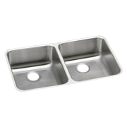 Stainless steel double bowl undermount sink with two equal-sized compartments and drain holes.