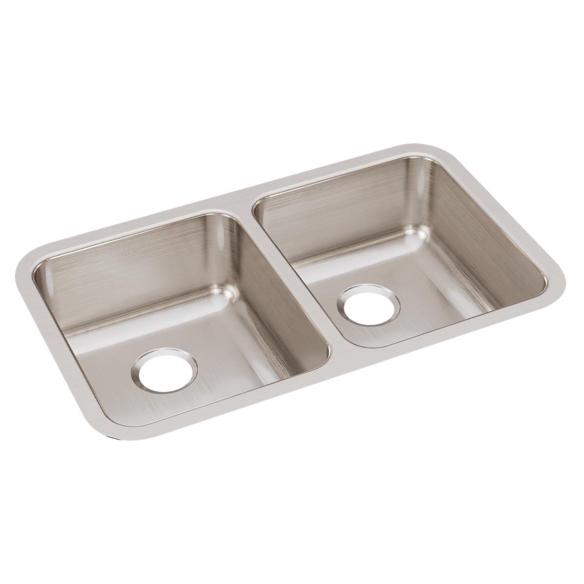 Stainless steel double bowl undermount sink with two equal-sized rectangular basins and drain holes.