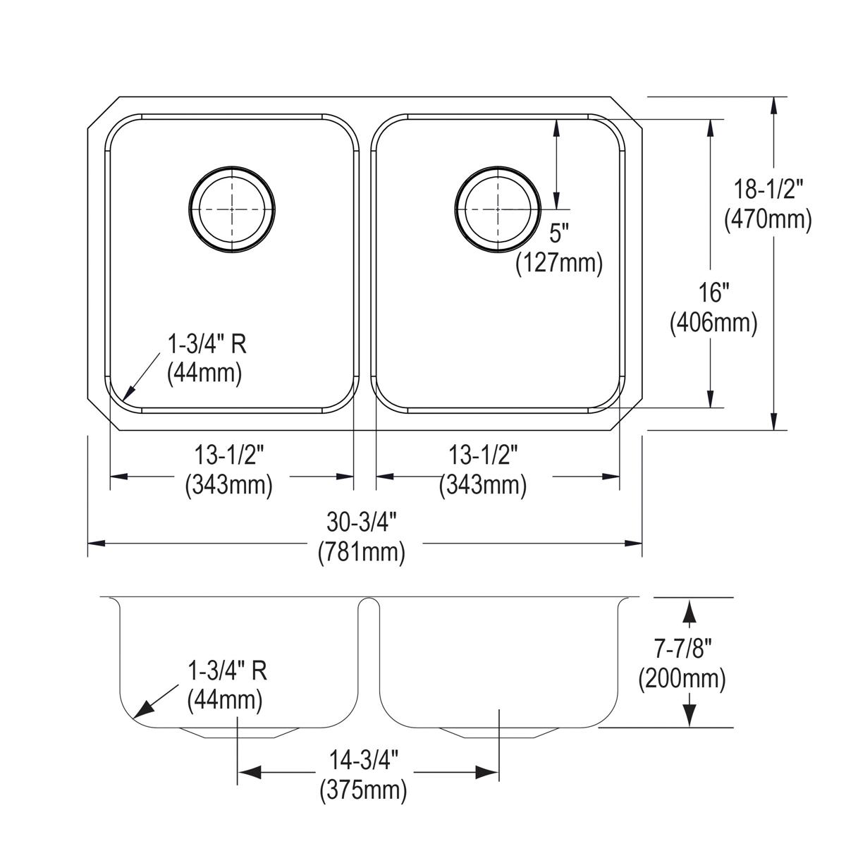 Technical diagram showing top and side views of a stainless steel double bowl undermount sink with dimensions and drain hole 