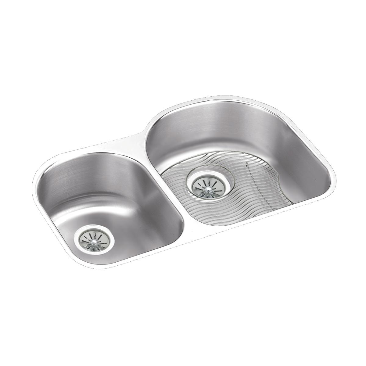Stainless steel undermount double bowl sink with offset 40/60 sizing and integrated drain strainers.