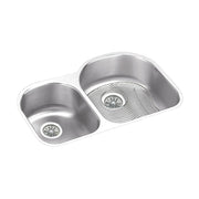 Stainless steel undermount double bowl sink with offset 40/60 sizing and integrated drain strainers.