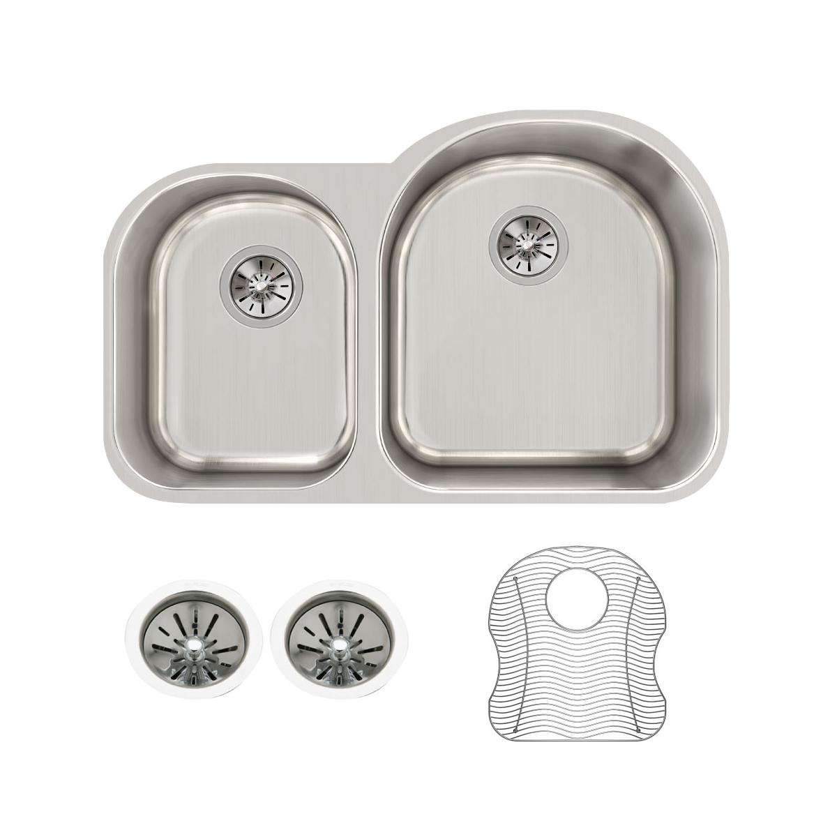 Stainless steel double bowl undermount sink with smaller left bowl, two drain baskets, and cutting board included.