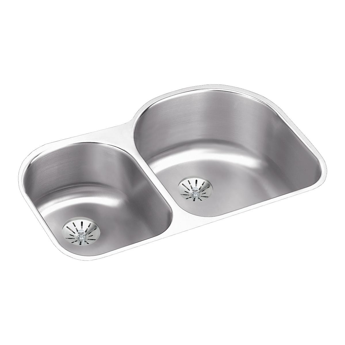 Stainless steel double undermount sink with two unequal basins and drain strainers.