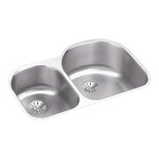 Stainless steel double undermount sink with two unequal basins and drain strainers.