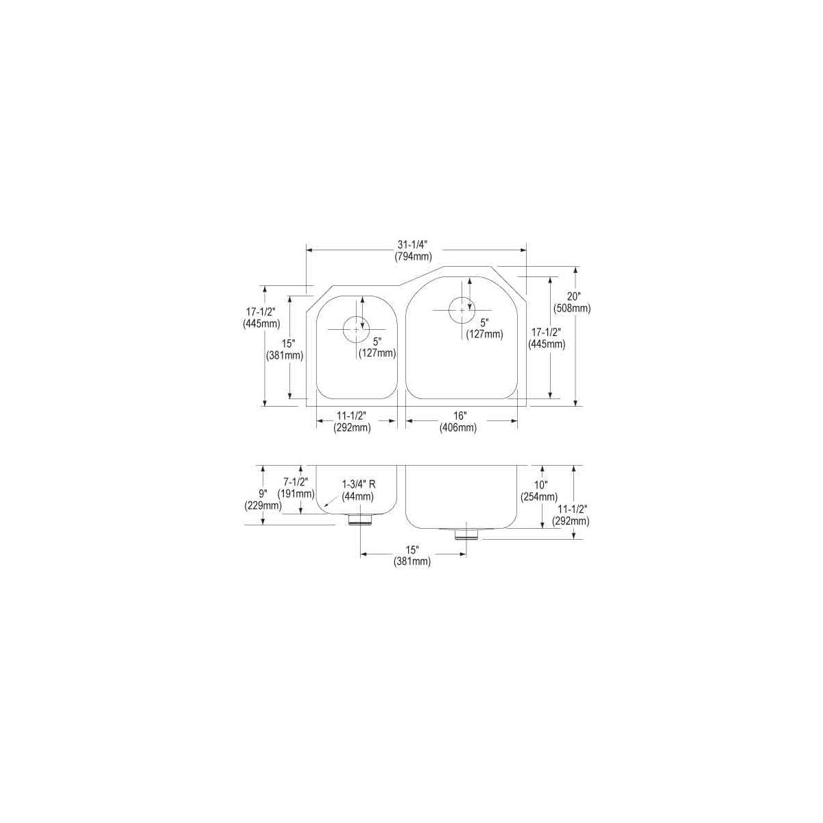 Stainless steel double undermount sink with offset 40/60 basin sizes and drain specifications shown in top and bottom technic