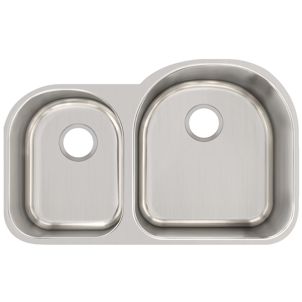 Stainless steel double bowl undermount sink with smaller left bowl and larger right bowl, each with drain hole.