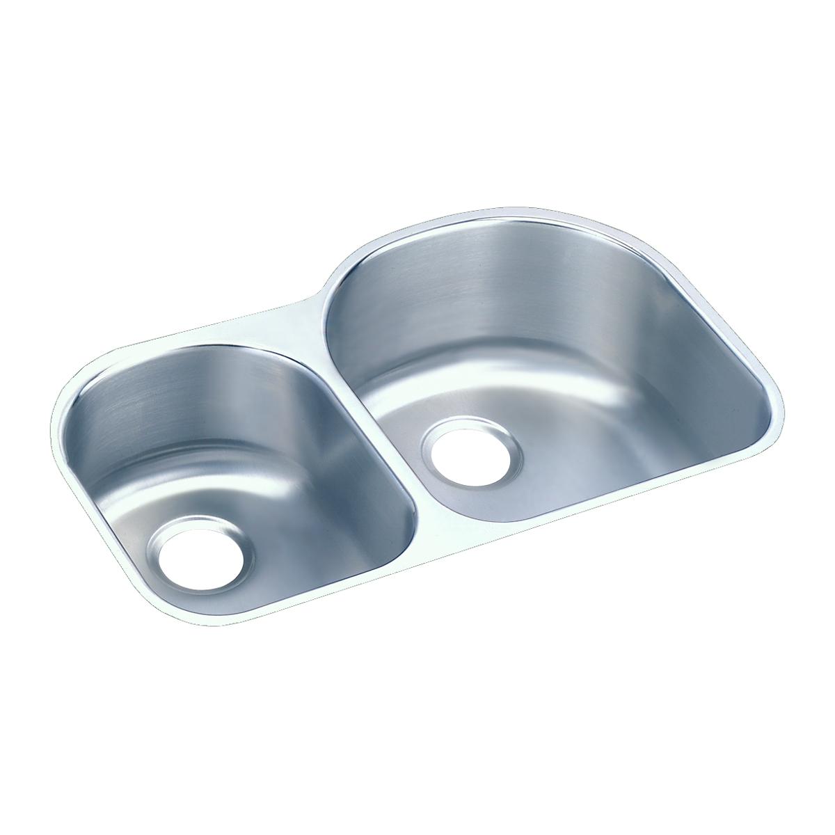 Stainless steel double bowl undermount sink with offset basins and drain holes, viewed from above at an angle.