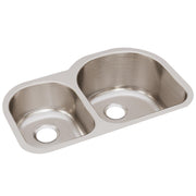 Stainless steel double bowl undermount sink with unequal 40/60 bowl sizes and brushed finish.