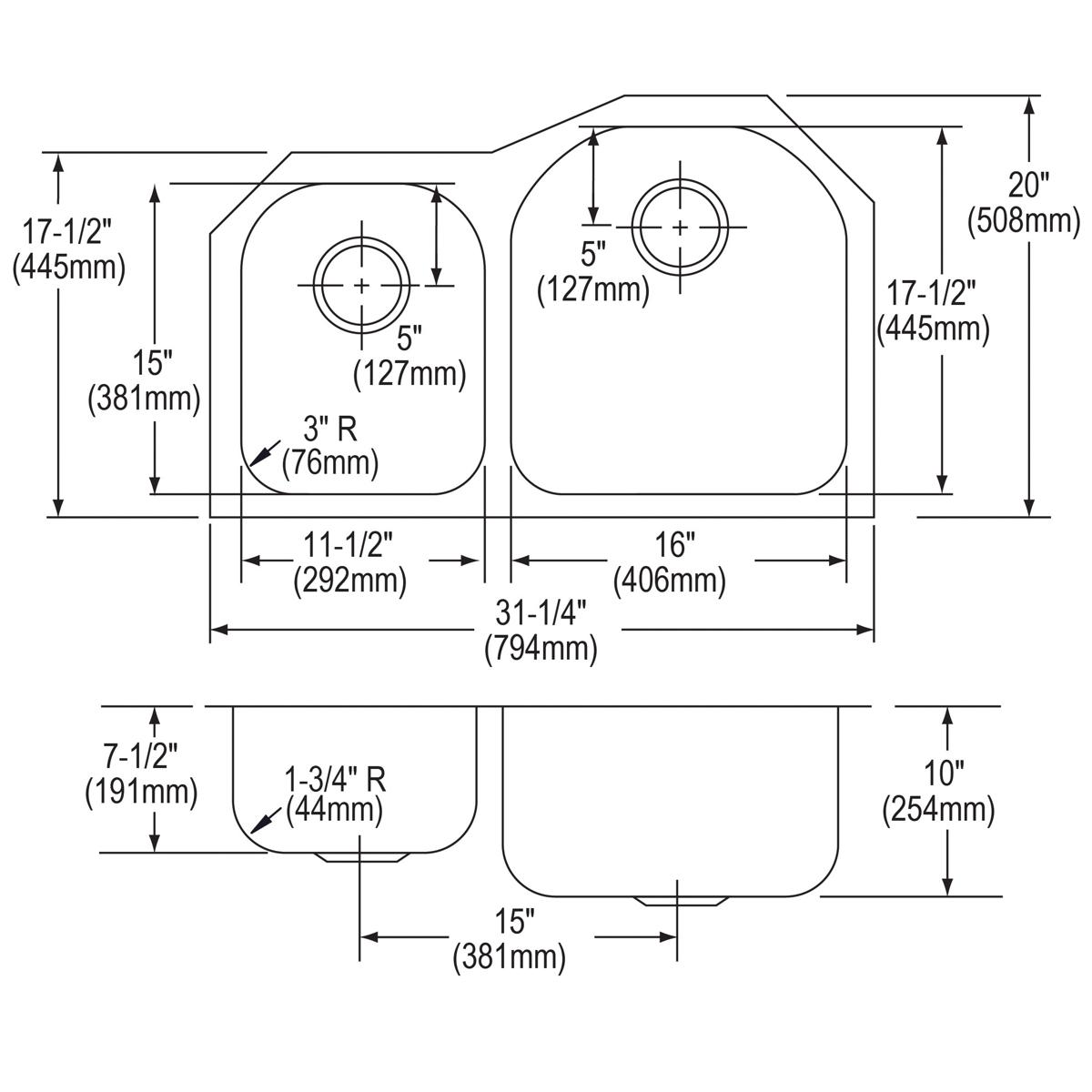 Technical drawing of stainless steel double bowl undermount sink with offset 40/60 configuration and dimension measurements.