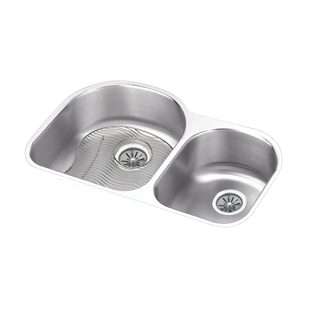Stainless steel double bowl undermount sink with unequal basins, each featuring a drain, shown from above.