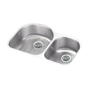 Stainless steel double bowl undermount sink with unequal basins, each featuring a drain, shown from above.