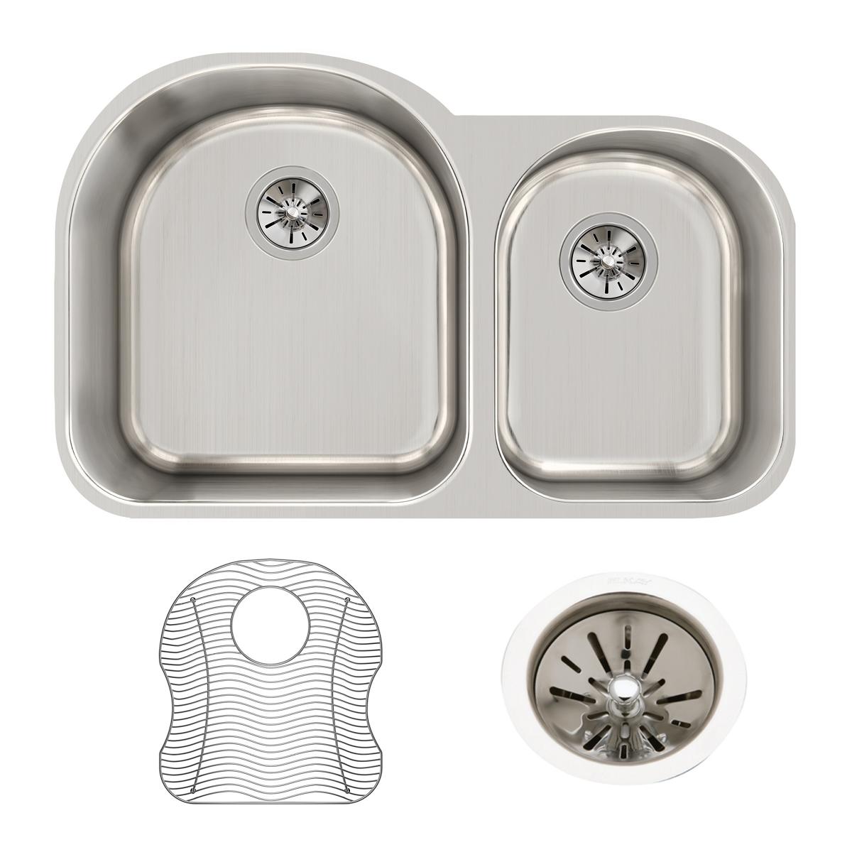 Stainless steel double bowl undermount sink with larger left basin, smaller right basin, drain strainers, and cutting board i