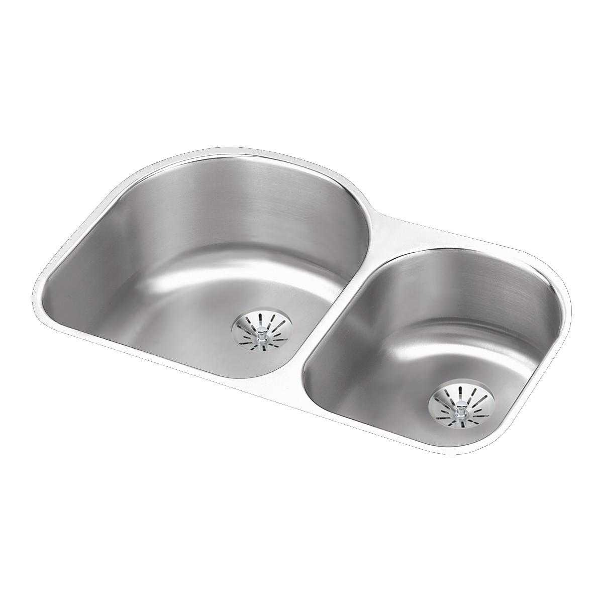 Stainless steel double undermount sink with two unequal basins and drain strainers.