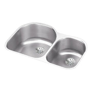 Stainless steel double undermount sink with two unequal basins and drain strainers.