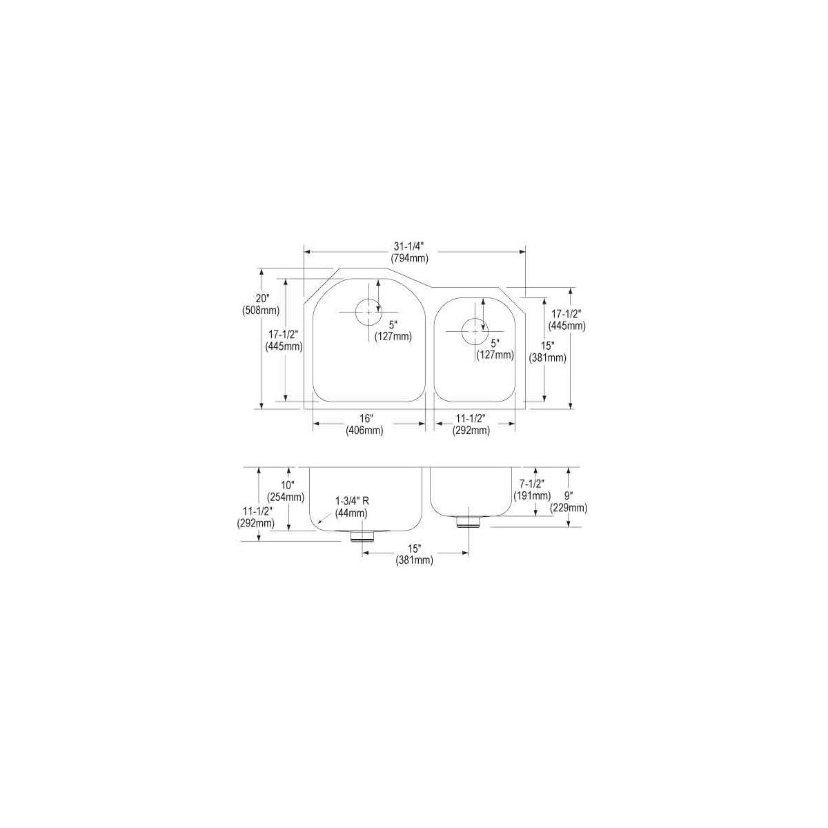 Stainless steel double undermount sink with offset 60/40 bowl configuration and detailed dimension measurements shown in top 