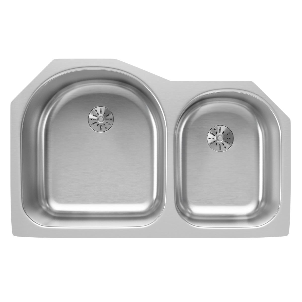 Stainless steel double undermount sink with offset 60/40 basins and drain holes.