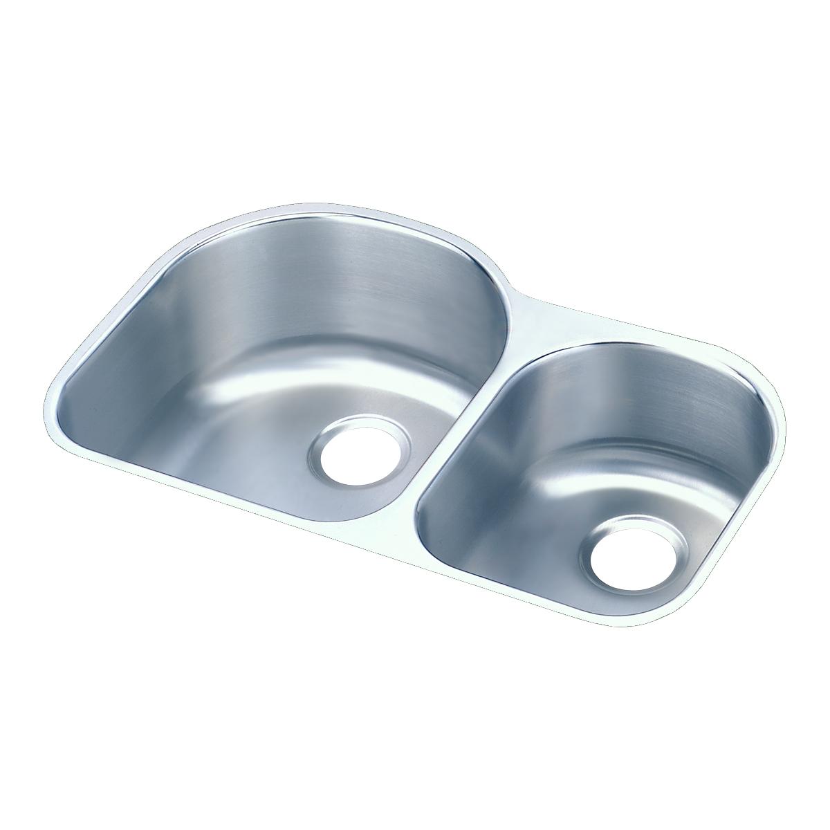 Stainless steel double bowl undermount sink with offset 60/40 configuration and drain holes.