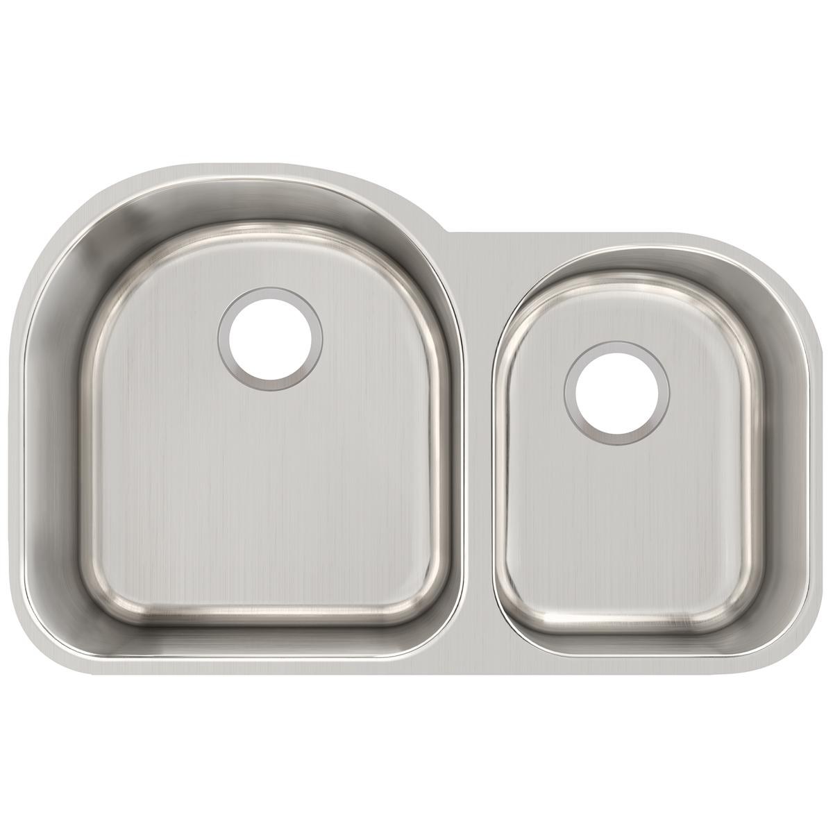 Stainless steel double bowl undermount sink with larger left bowl and smaller right bowl, each with drain opening.