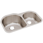 Stainless steel double bowl undermount sink with unequal sized bowls and drain openings.