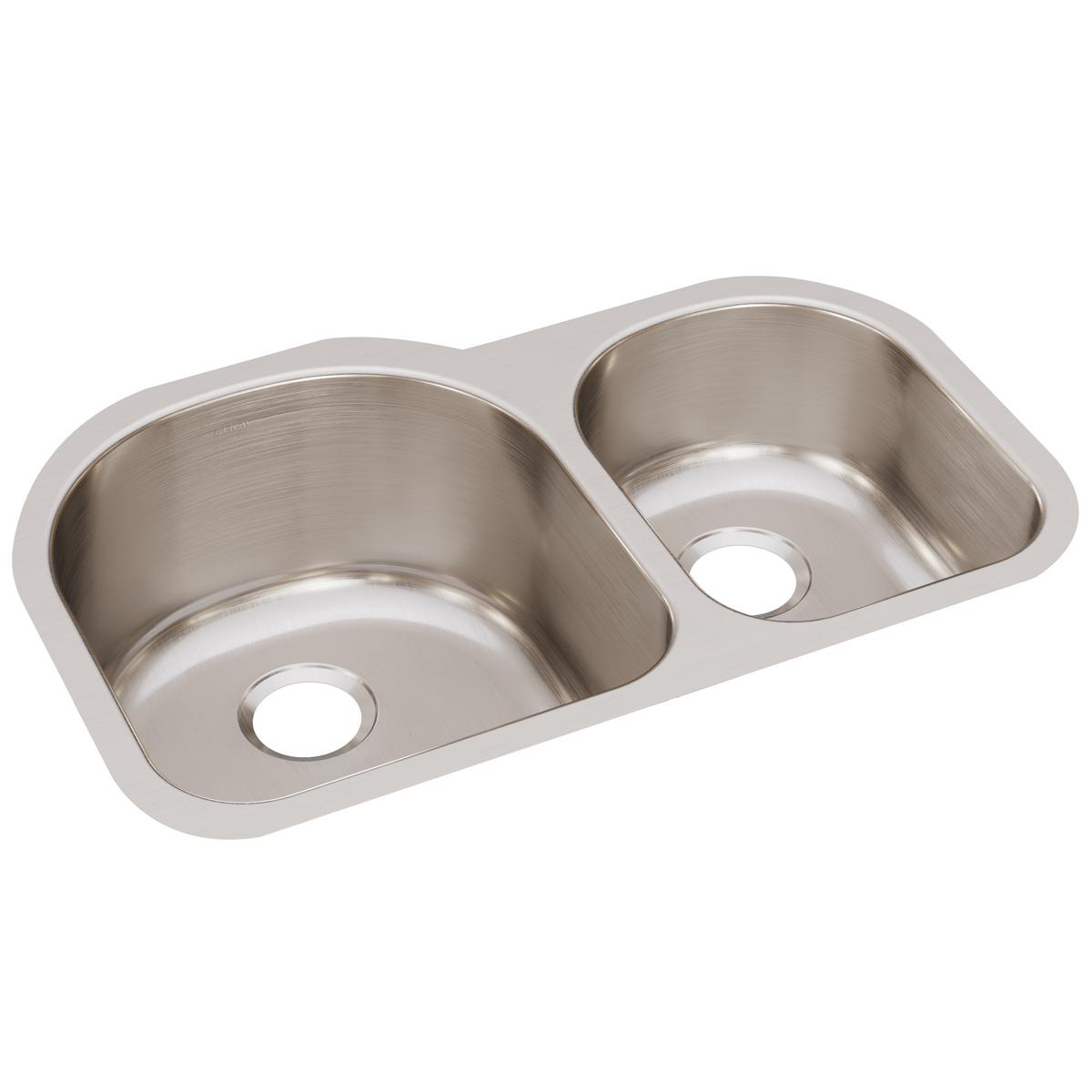 Stainless steel double bowl undermount sink with unequal sized bowls and drain openings.
