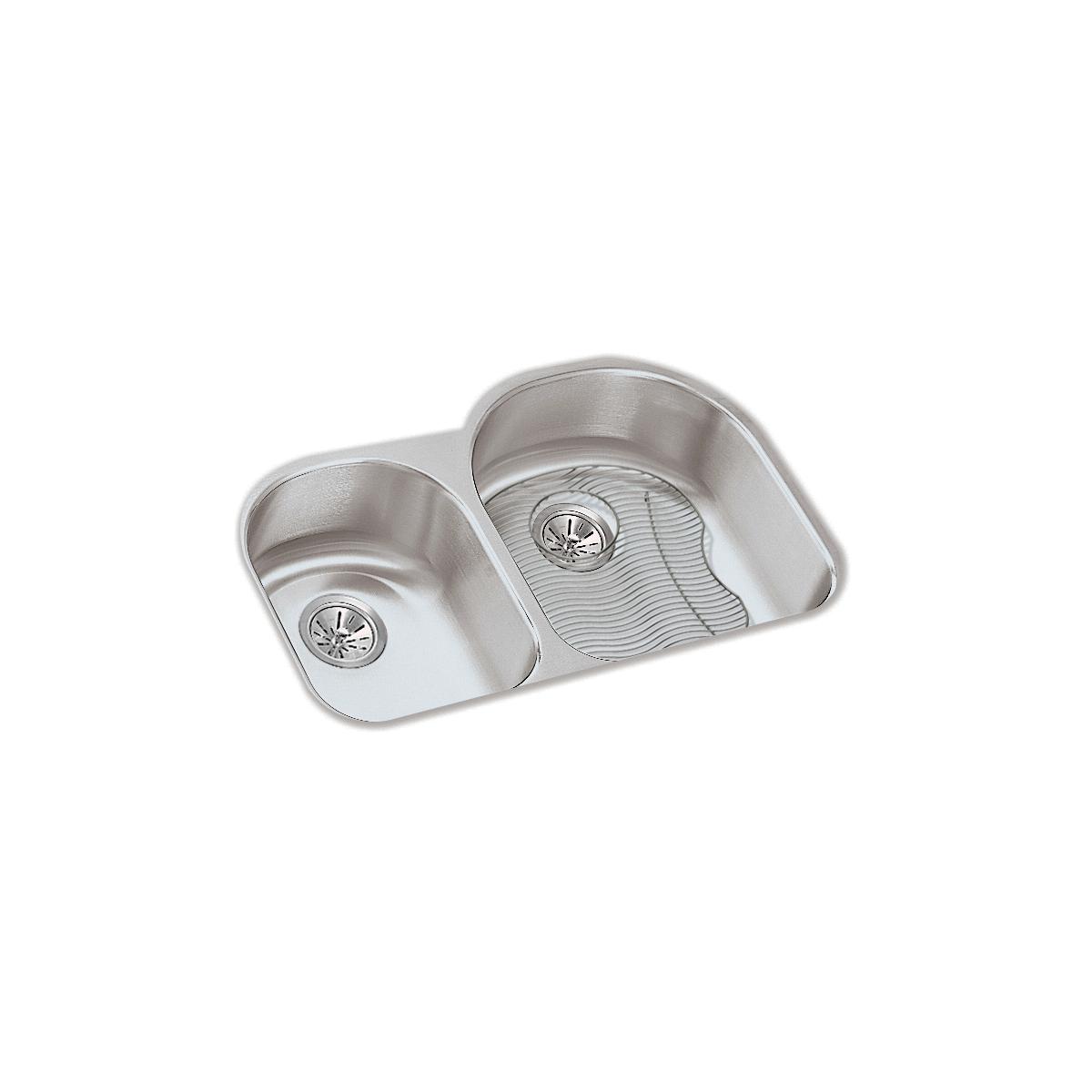 Stainless steel double bowl undermount sink with offset basins, smaller left bowl and larger right bowl with ribbed bottom, e