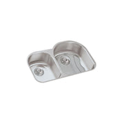 Stainless steel double bowl undermount sink with offset basins, smaller left bowl and larger right bowl with ribbed bottom, e