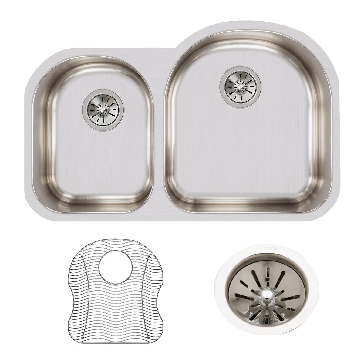 Stainless steel double bowl undermount sink with smaller left bowl, drain strainers, and included cutting board.