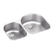 Stainless steel double undermount sink with two unequal basins and drain strainers.